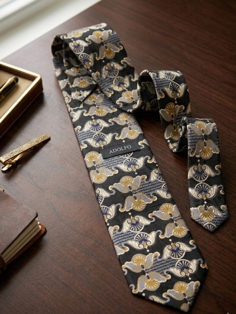 ADOLFO- Black, Gold & Gray Floral Pattern Silk Tie